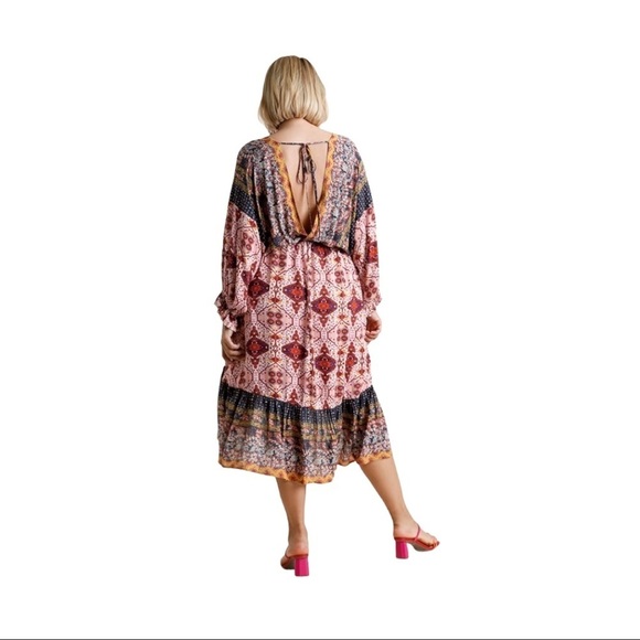 CLEARANCE- XL Umgee Boho Gypsy Multi-Print Midi Dress - Picture 3 of 5